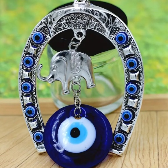 NWT Ornate Silver Metal Elephant🐘 Blue Evil Eye 🧿 Horseshoe Hanging Decoration - Picture 9 of 11